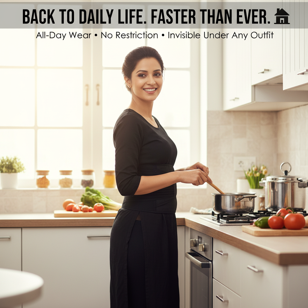 Indian new mom back to daily life kitchen postpartum belt