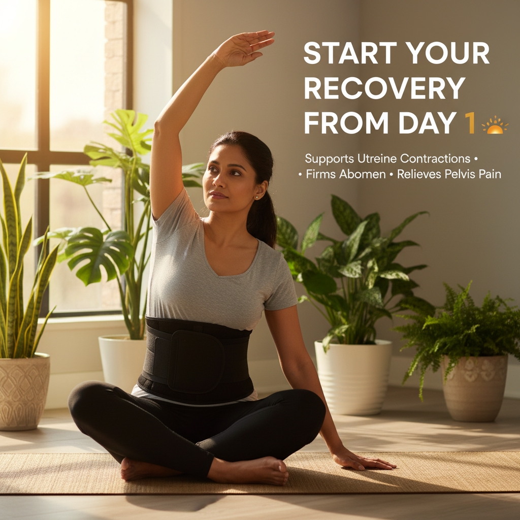 Indian new mom postnatal yoga wearing postpartum recovery belt