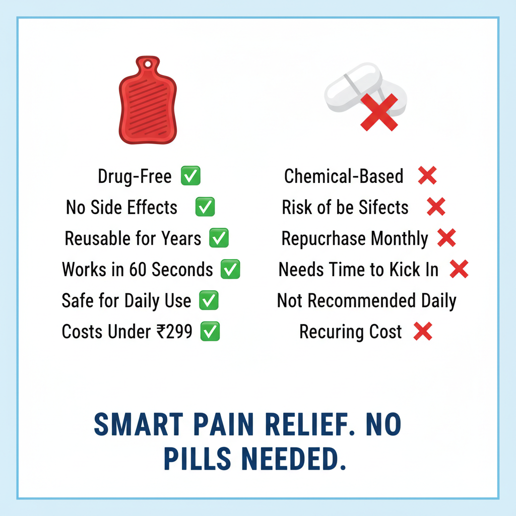 Hot water bag vs painkillers comparison chart