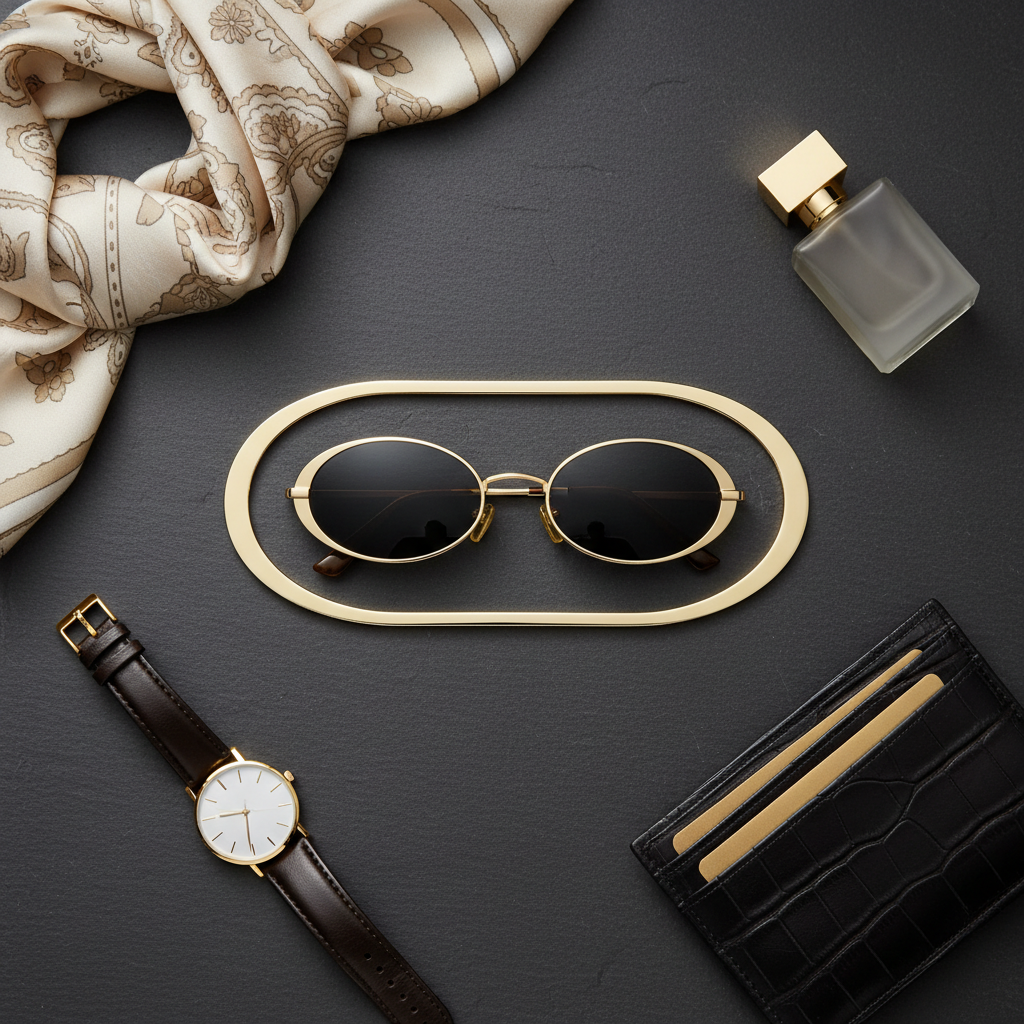 Zenath Aurum Oval Sunglasses — Luxury Lifestyle Flat Lay