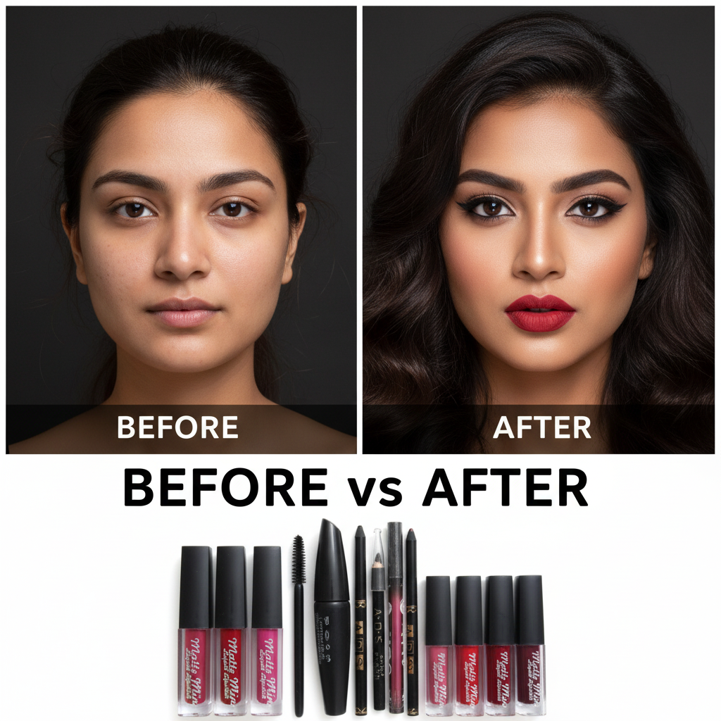 Before and after makeup transformation using 9-piece lip and eye combo