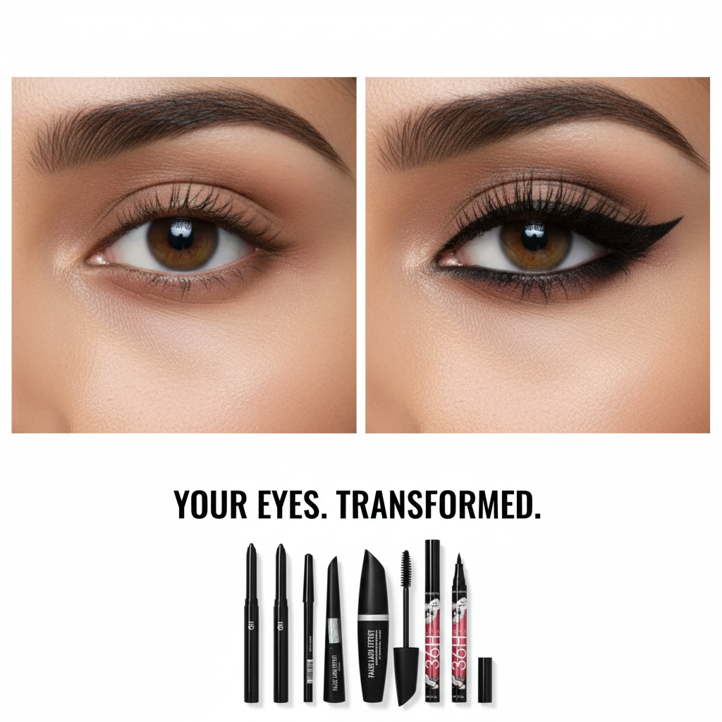 Before and after eye makeup transformation with Complete Eye Glam Kit