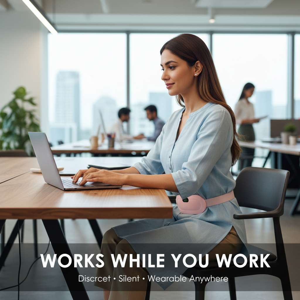 Indian woman wearing period massager at office - discreet and portable