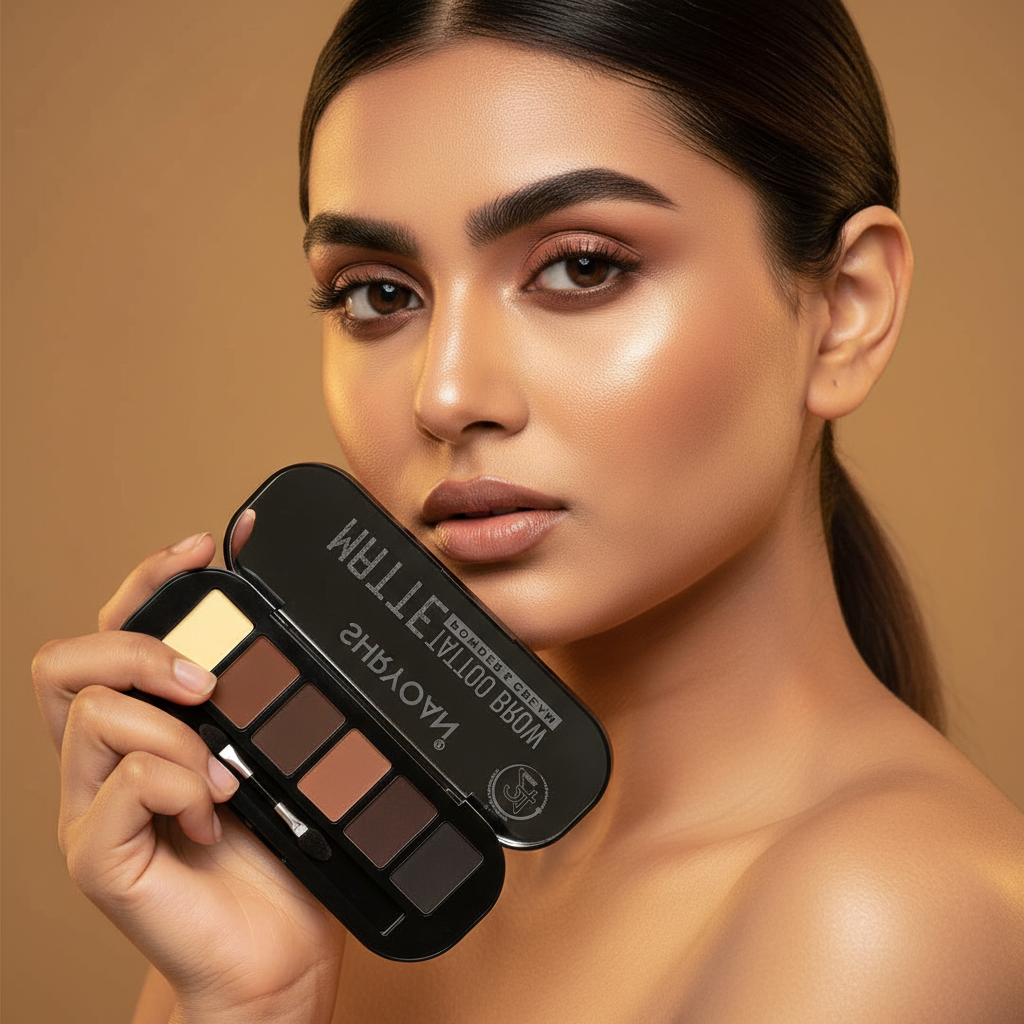 Indian woman with defined matte brows holding 6-shade brow powder kit
