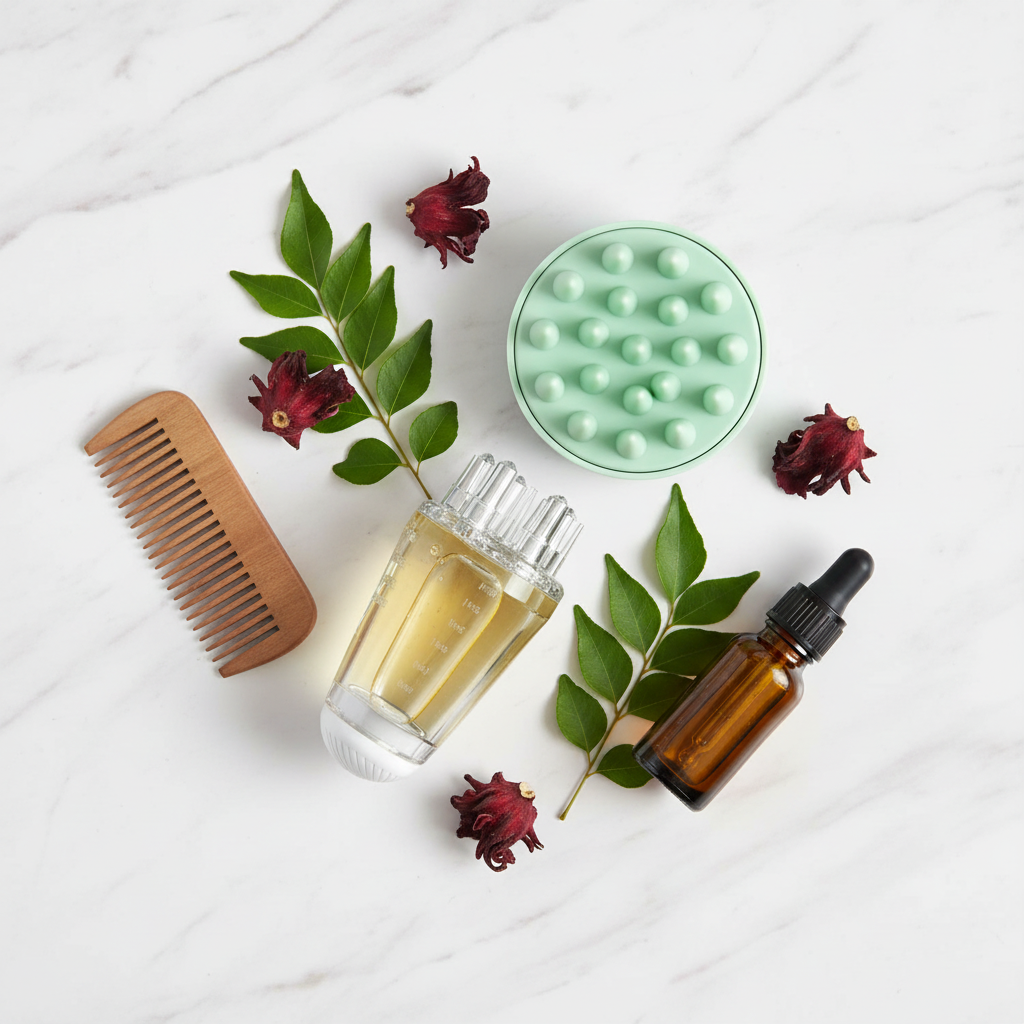 ScalpBliss™ white marble minimalist flat lay with curry leaves and hibiscus