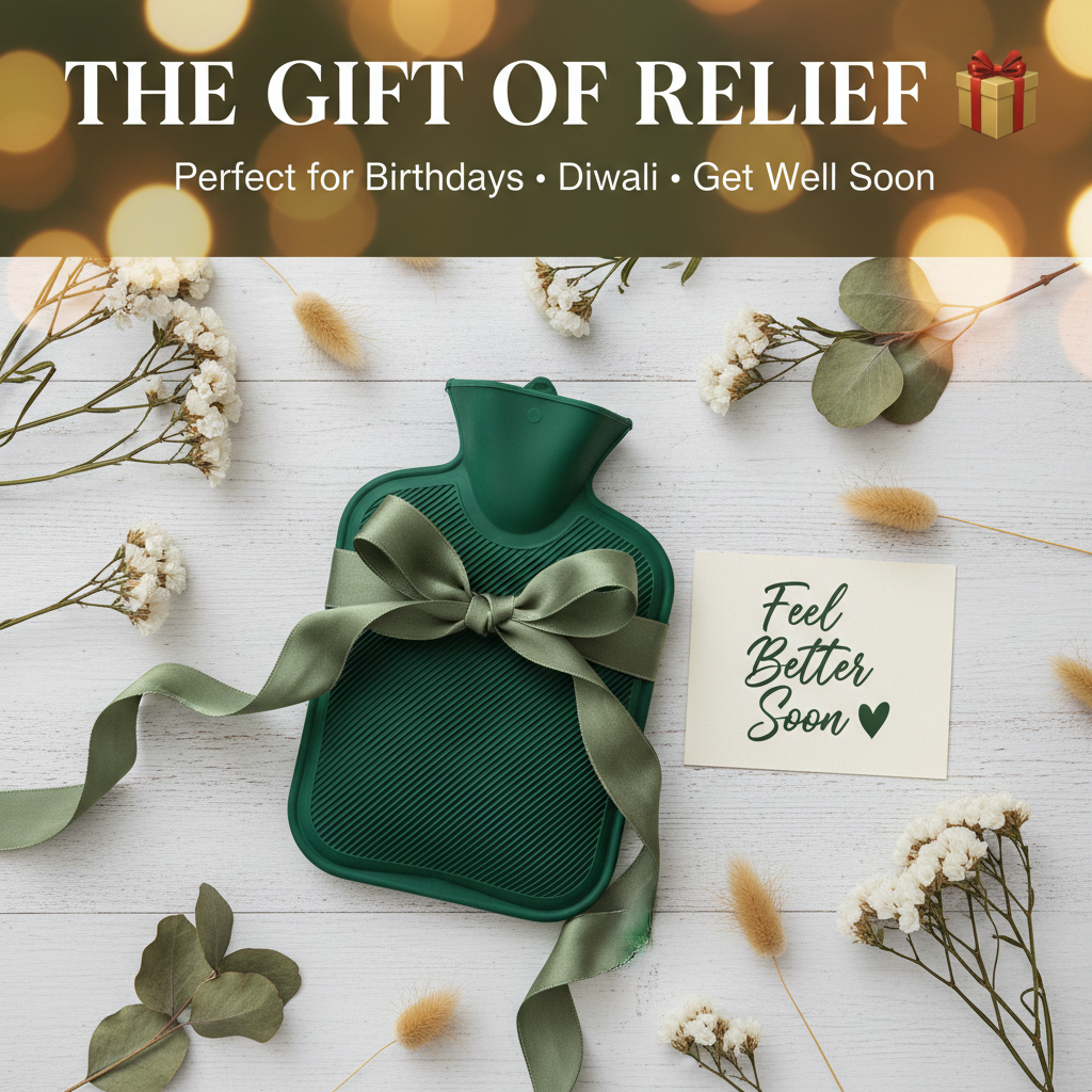 Green hot water bag gifting flat lay with ribbon
