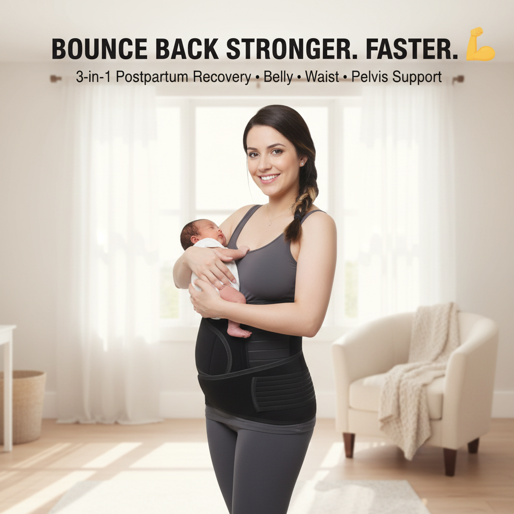 Indian new mom holding newborn wearing 3-in-1 postpartum recovery belt