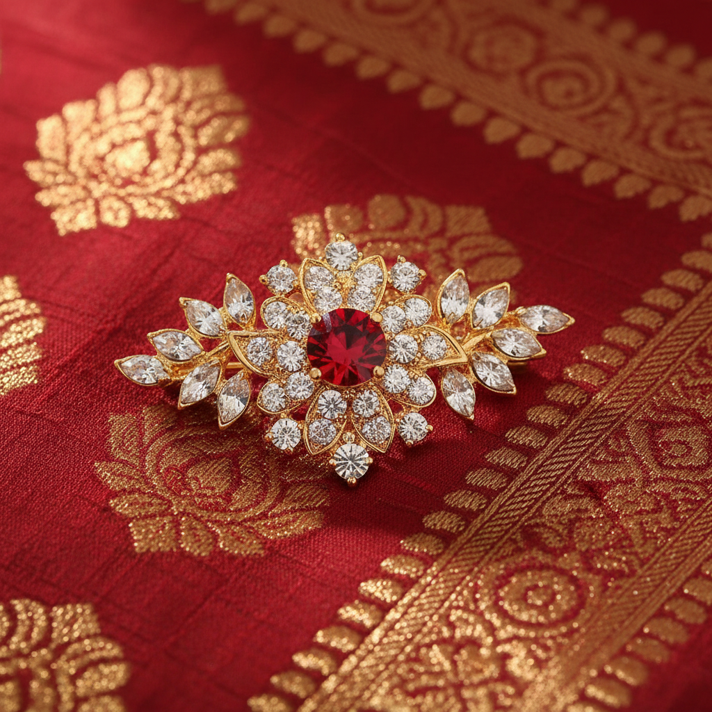 Zenath Ziraa — Red Flower Crystal Macro on Banarasi Silk