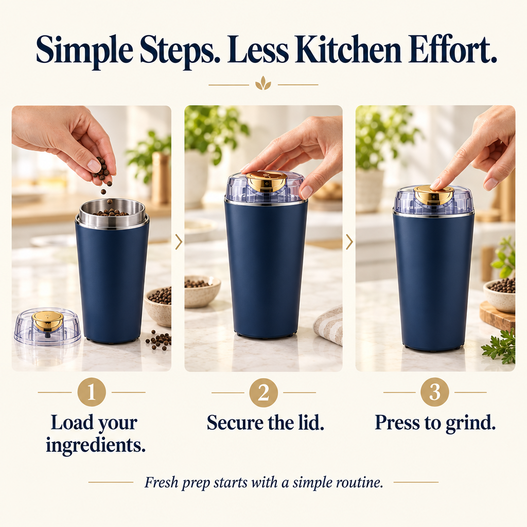 Load suitable dry ingredients, secure the lid and press to grind