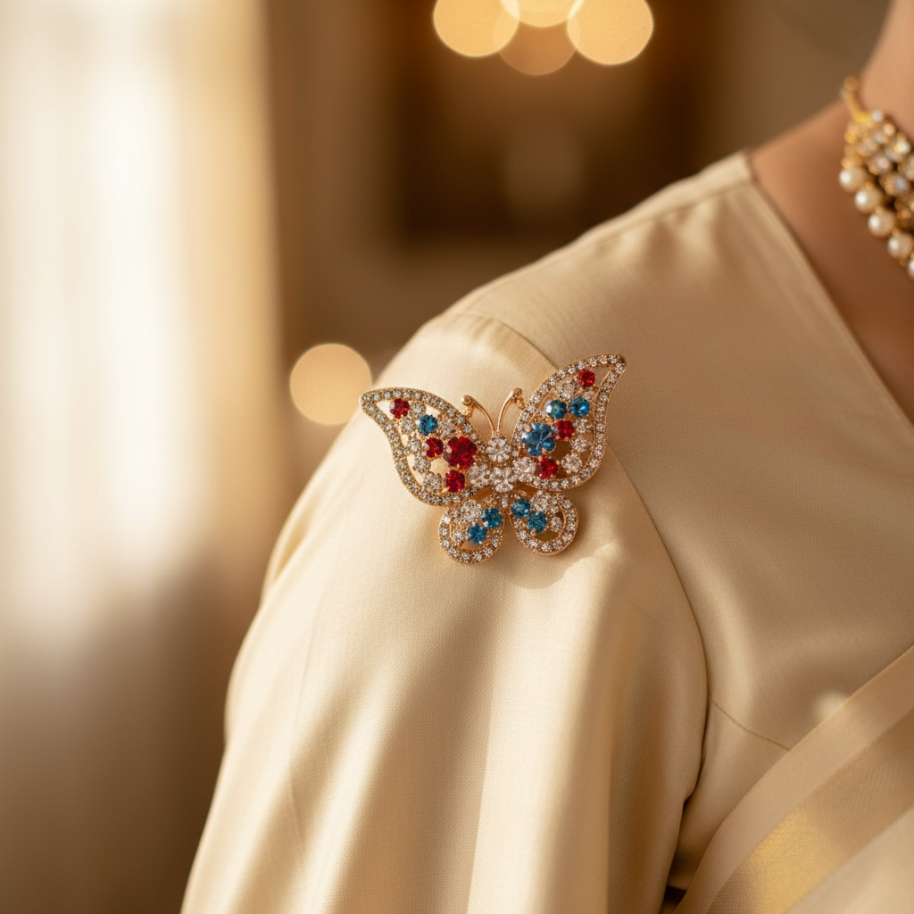 Zenath Ziraa — Butterfly Pin on Champagne Silk
