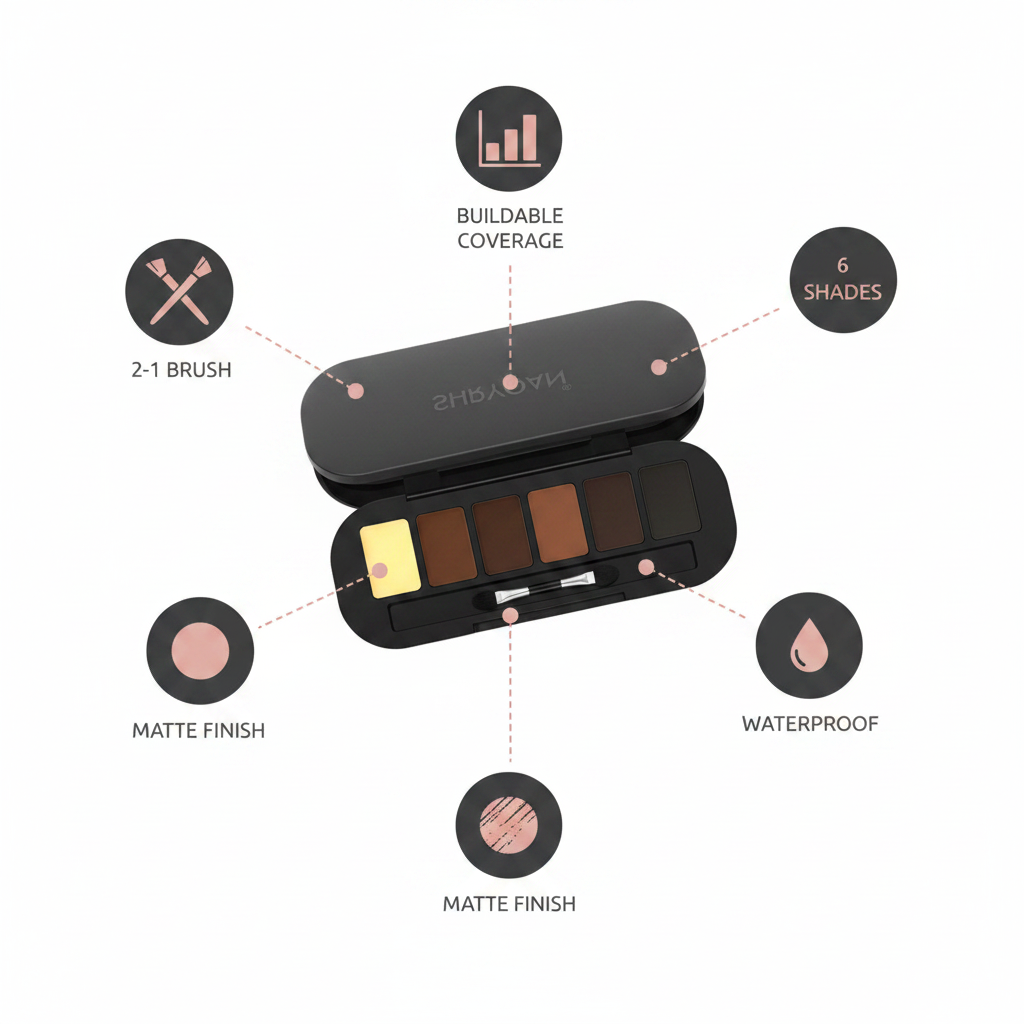 All-Day Brow Kit benefits - 6 shades, waterproof, matte, 2-in-1 brush