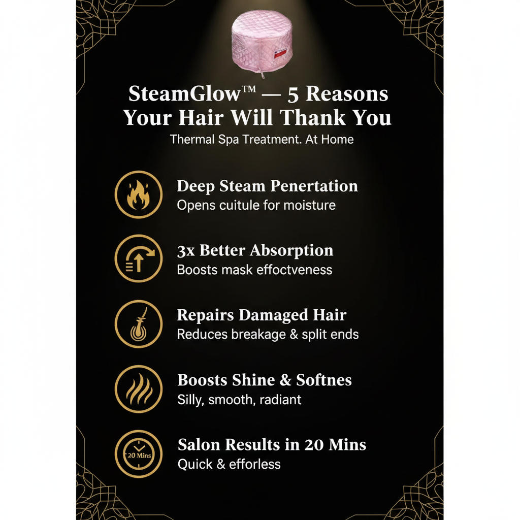 SteamGlow™ dark luxury benefits infographic with 5 gold icons