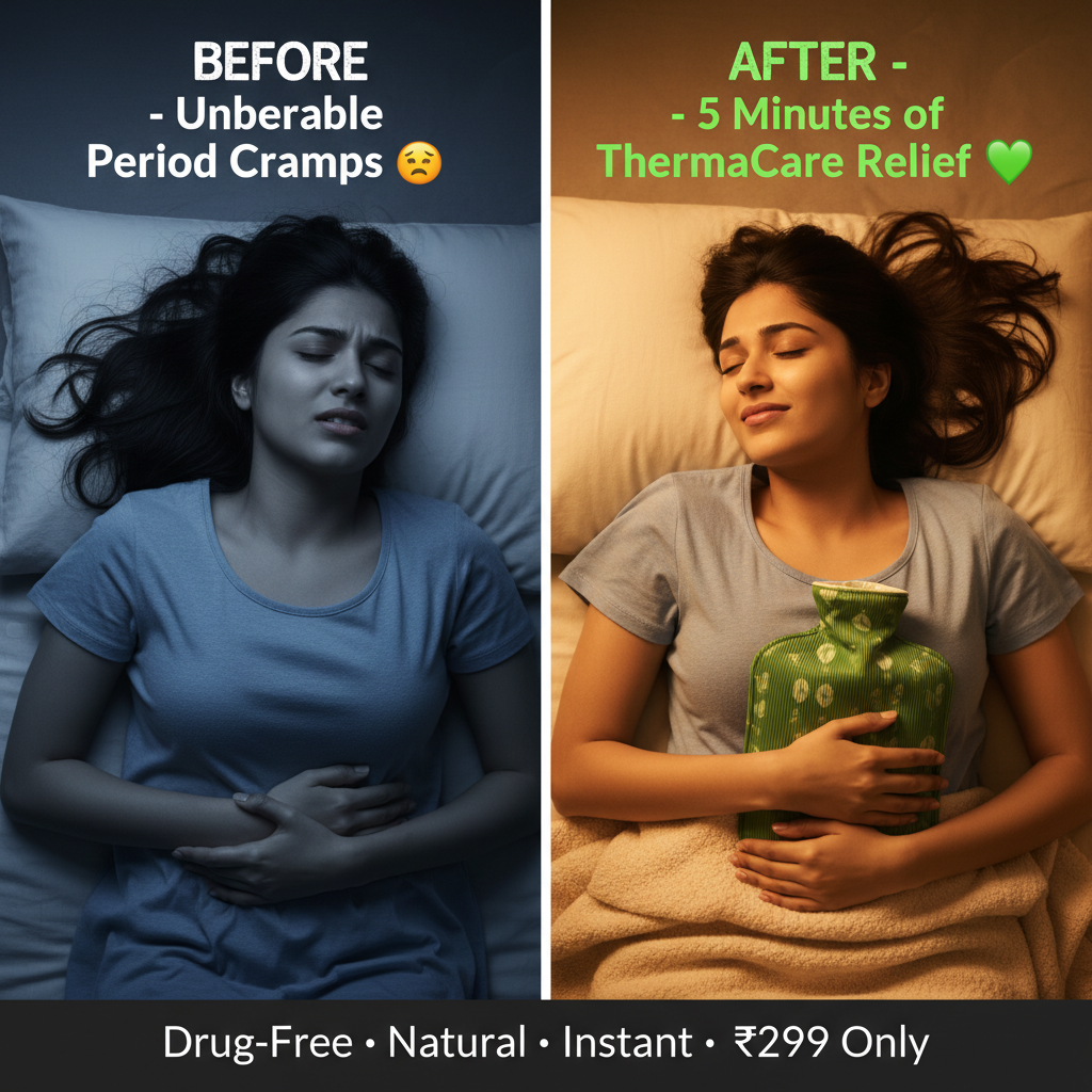 Before and after period pain relief with green hot water bag