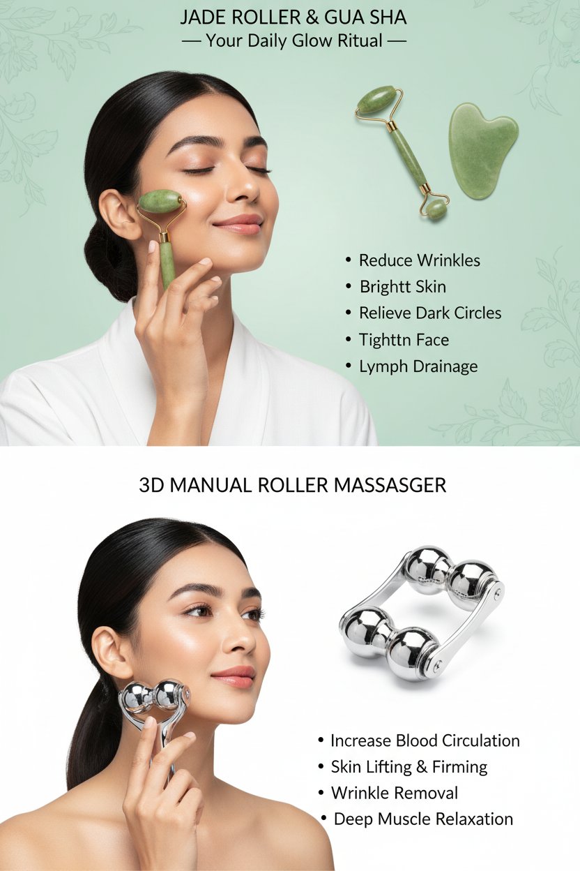 Zenath Facial Combo Kit - Jade Roller, Gua Sha & 3D Massager Infographic