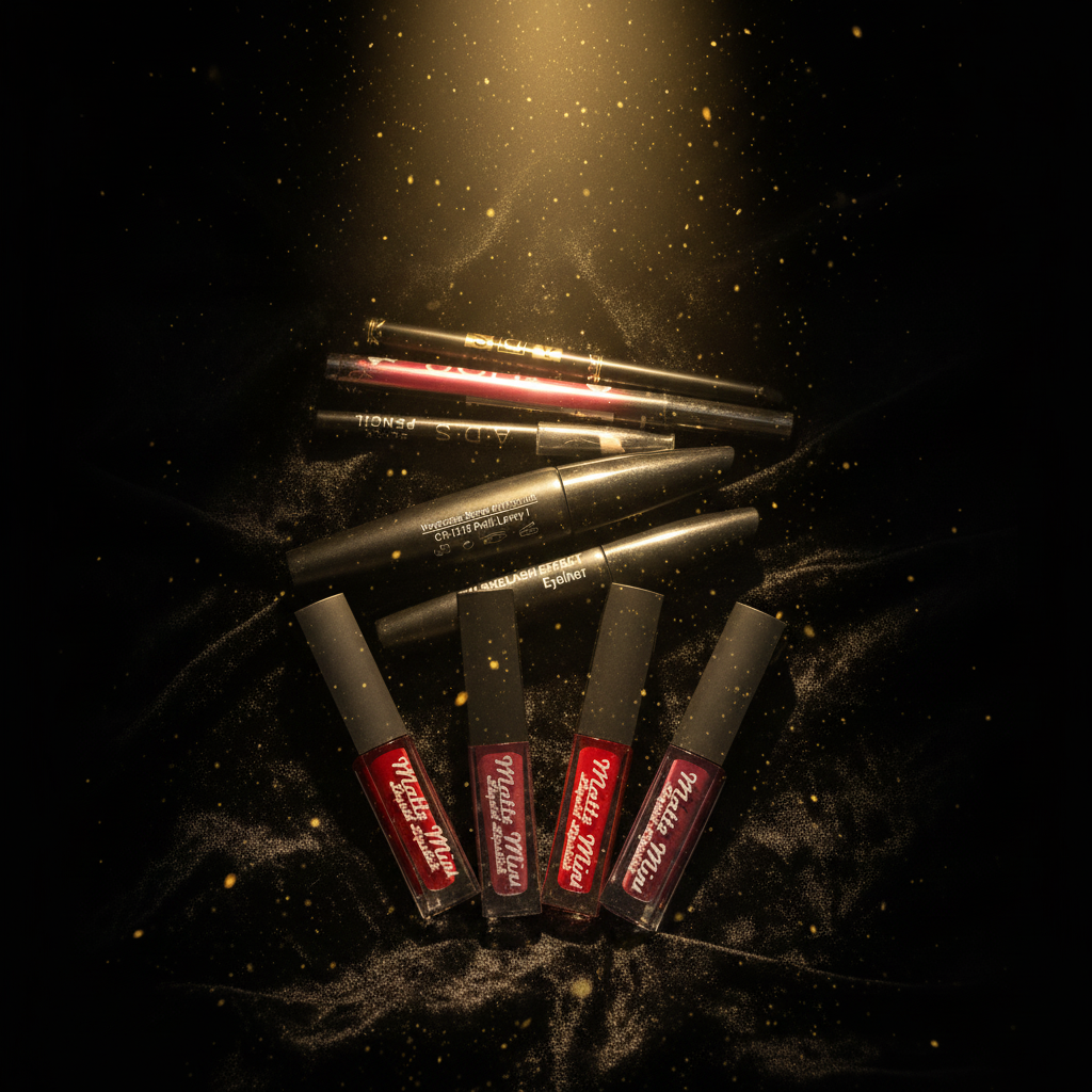 Luxury dark editorial shot of 9-piece lip and eye glam combo
