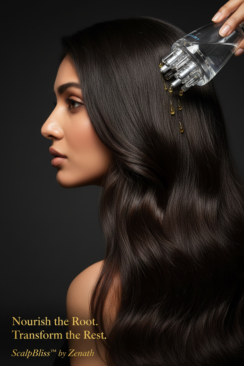 ScalpBliss™ cinematic portrait of Indian woman applying oil with needle applicator
