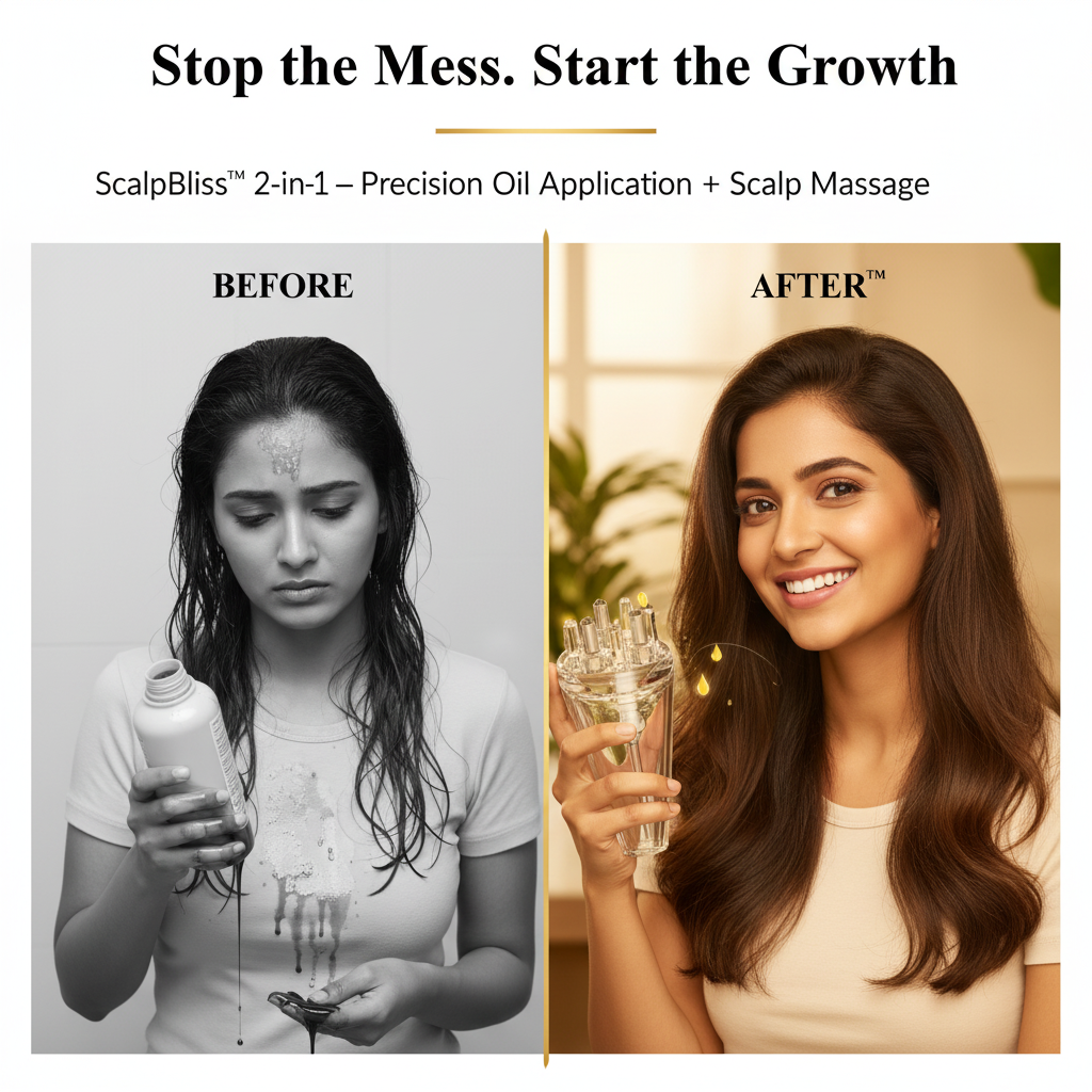 ScalpBliss™ before and after - messy oil bottle vs precision applicator