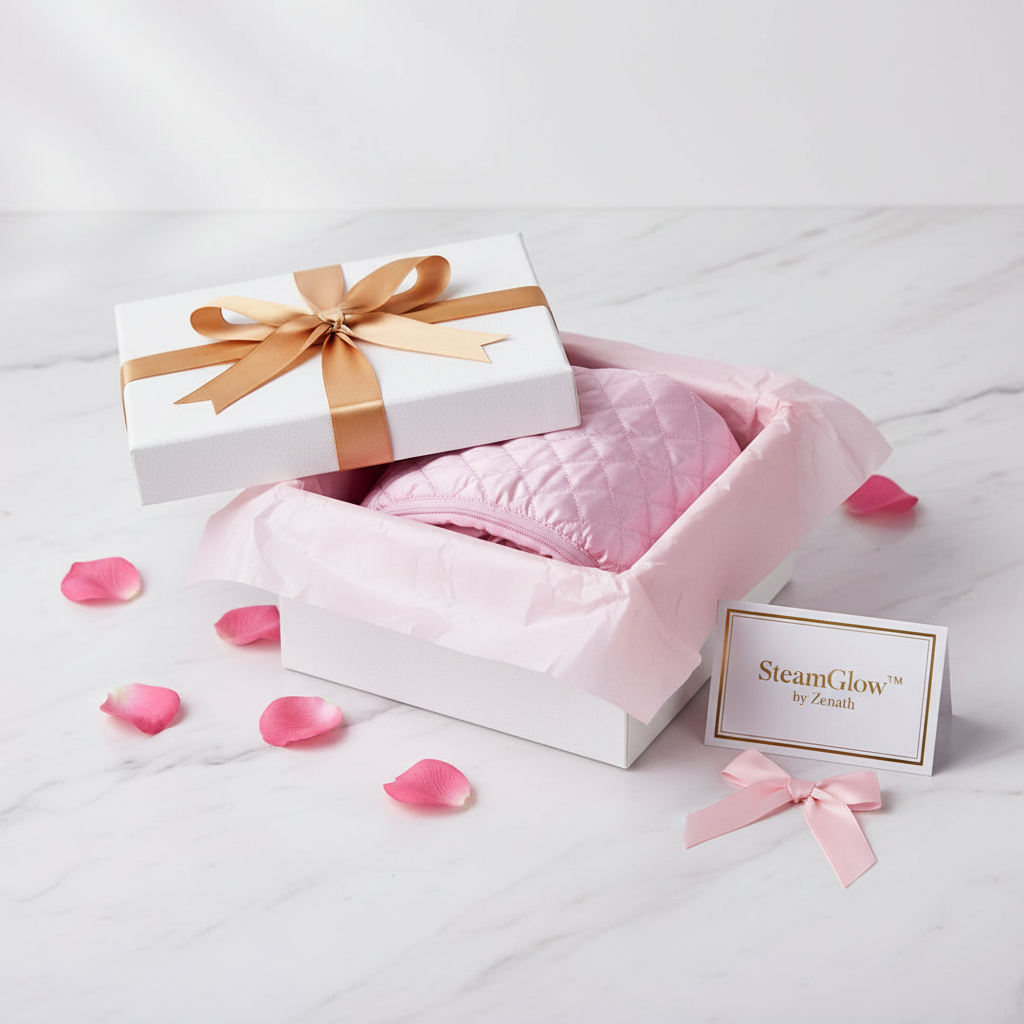 SteamGlow™ Diwali gift packaging in white box with gold ribbon
