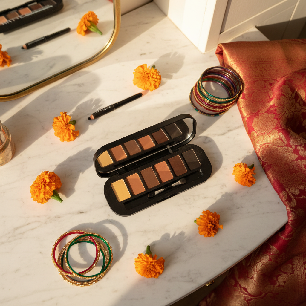 Indian dressing table flatlay with brow powder kit