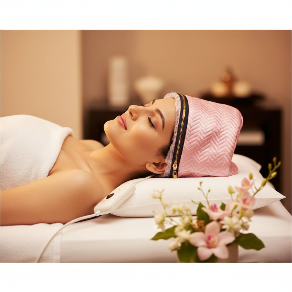 SteamGlow™ Indian woman relaxing on spa bed wearing pink hair spa cap