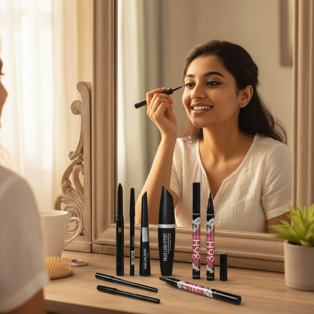 Indian woman morning routine with eye glam kit on dressing table