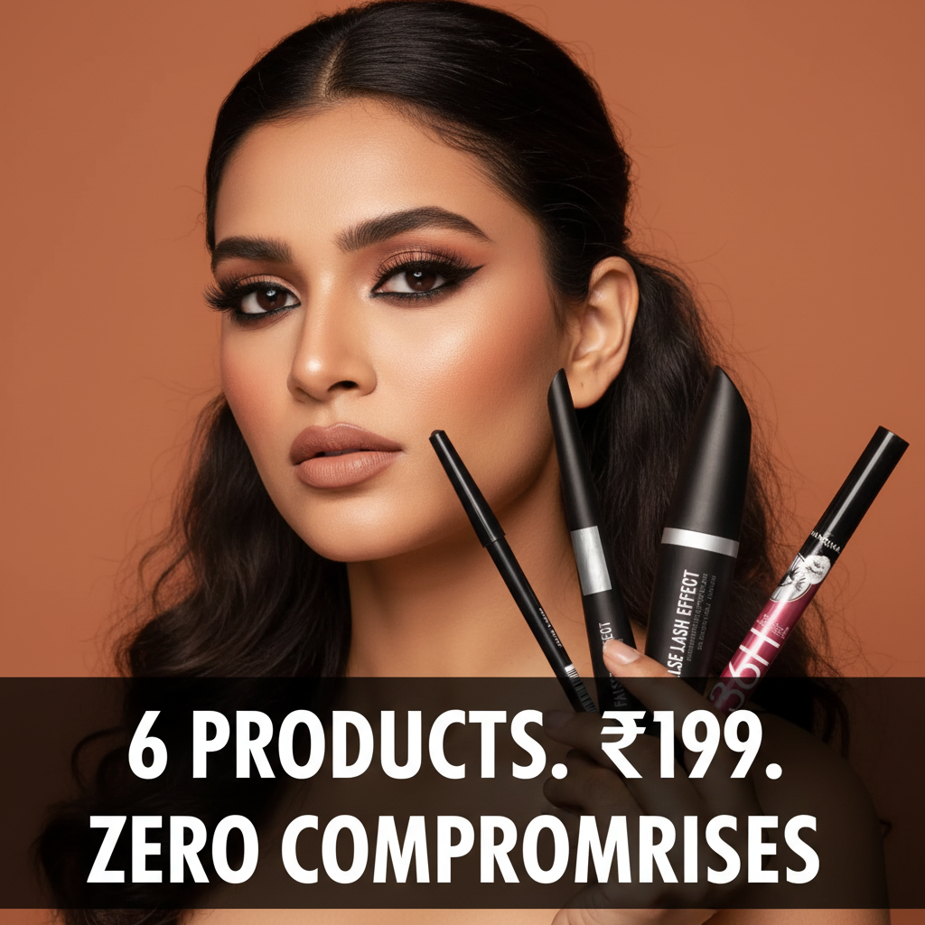 6 products Rs 199 zero compromises - bold D2C eye kit ad