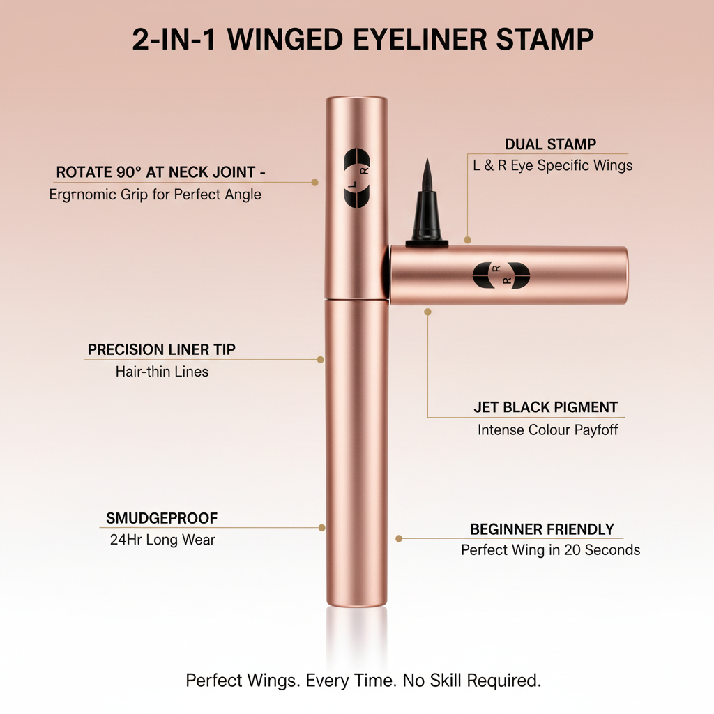 2-in-1 winged eyeliner stamp pen at 90 degree with all features