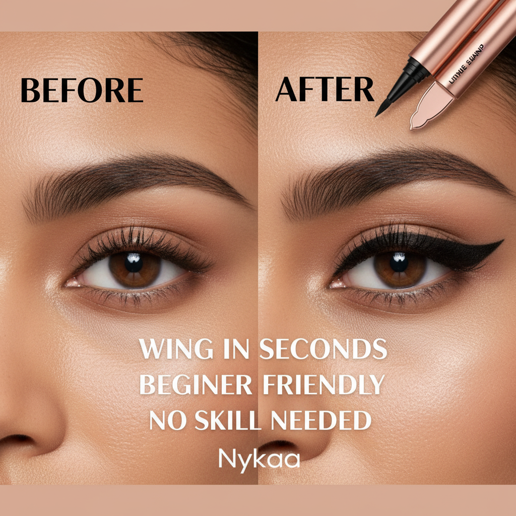 Before and after cat-eye eyeliner transformation