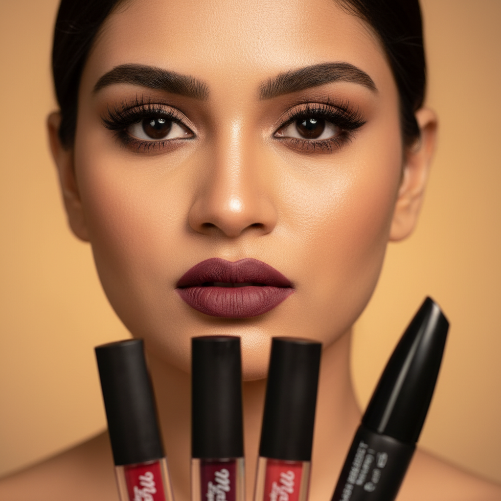 Indian woman full glam look with Matta Mua lips and ADS kajal eyes
