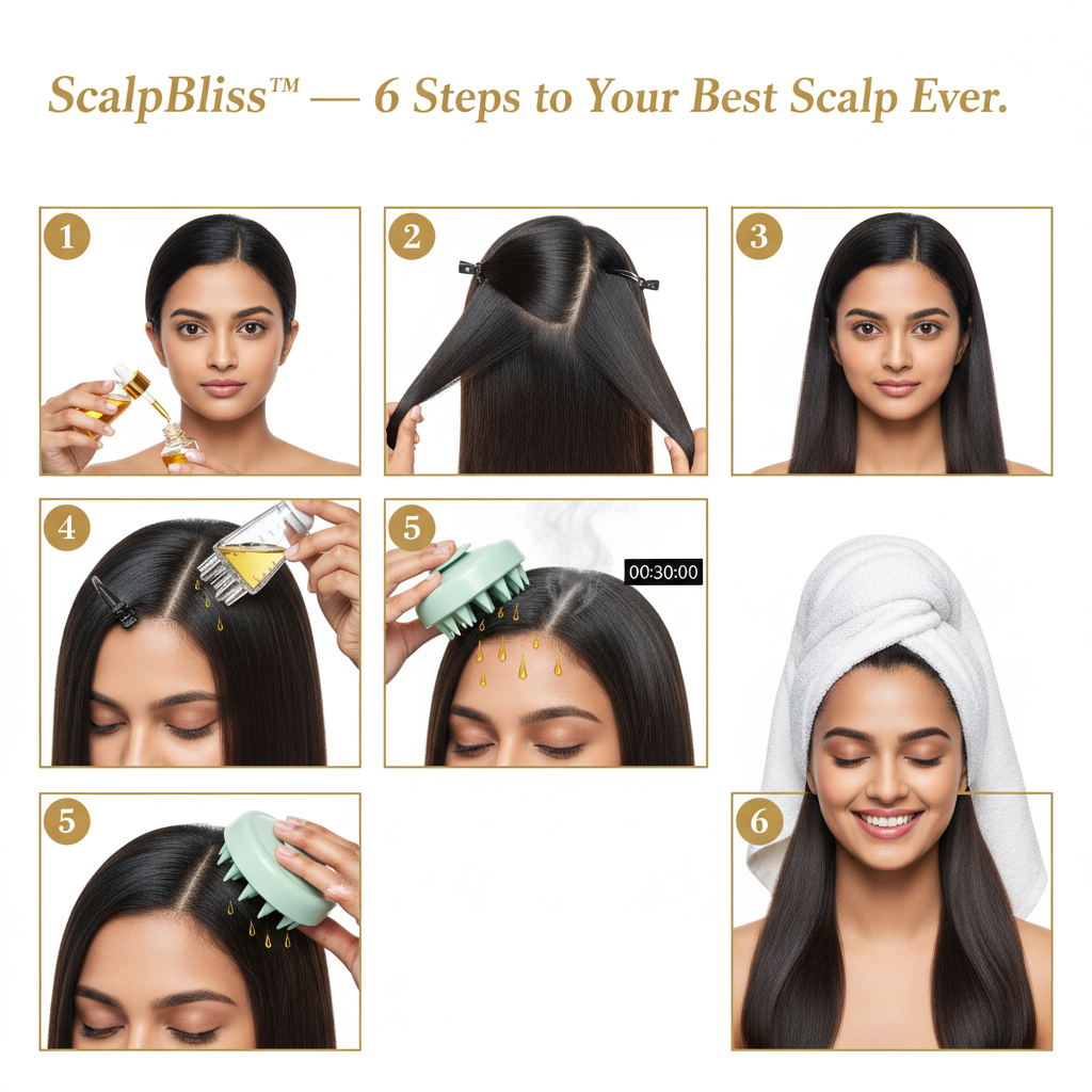 ScalpBliss™ 6-step how to use guide with Indian model