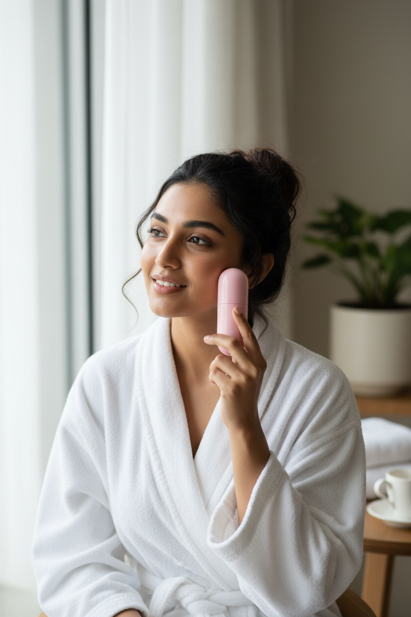 Indian woman using ice roller on face - glowing skin lifestyle photo