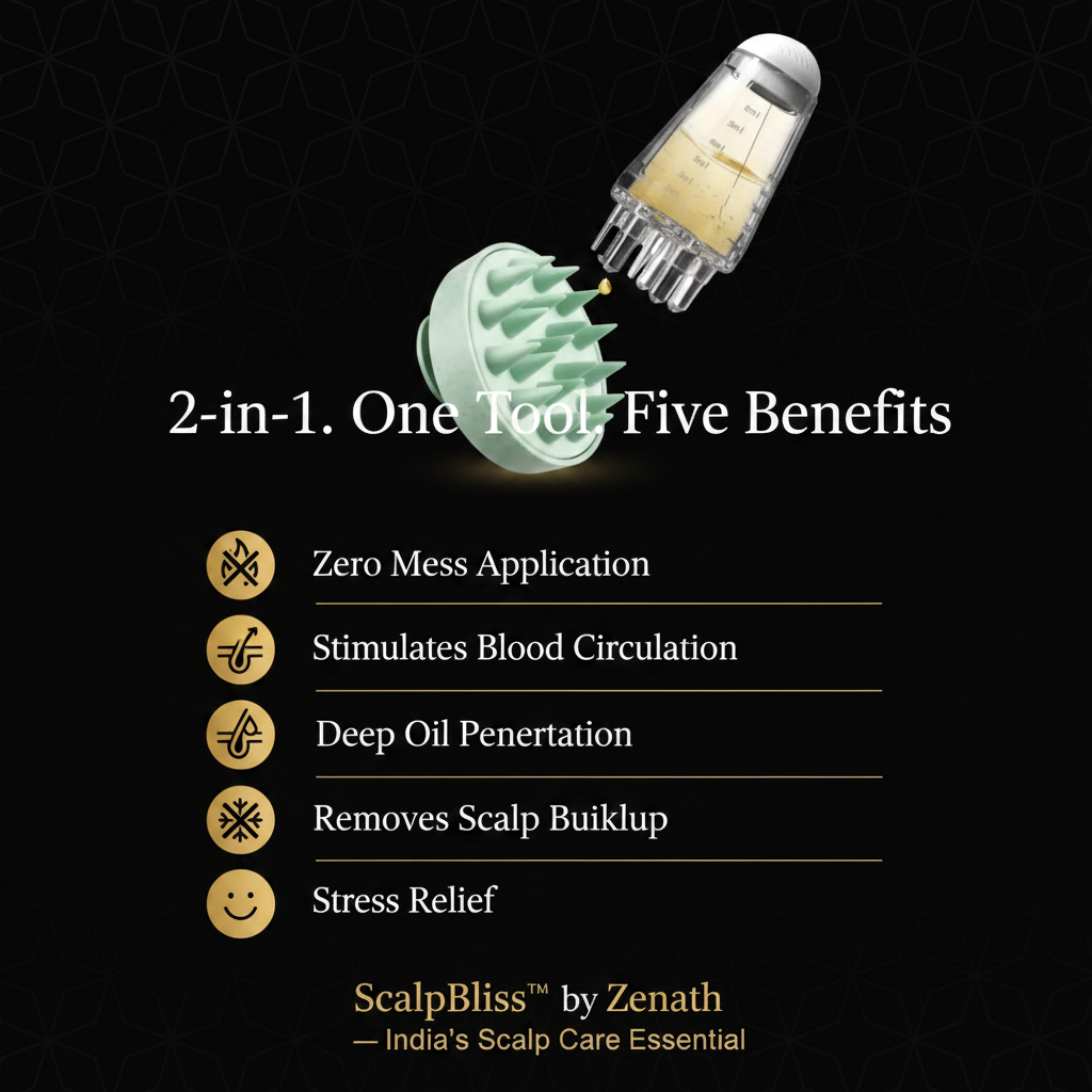 ScalpBliss™ benefits infographic with 5 gold icons on dark background