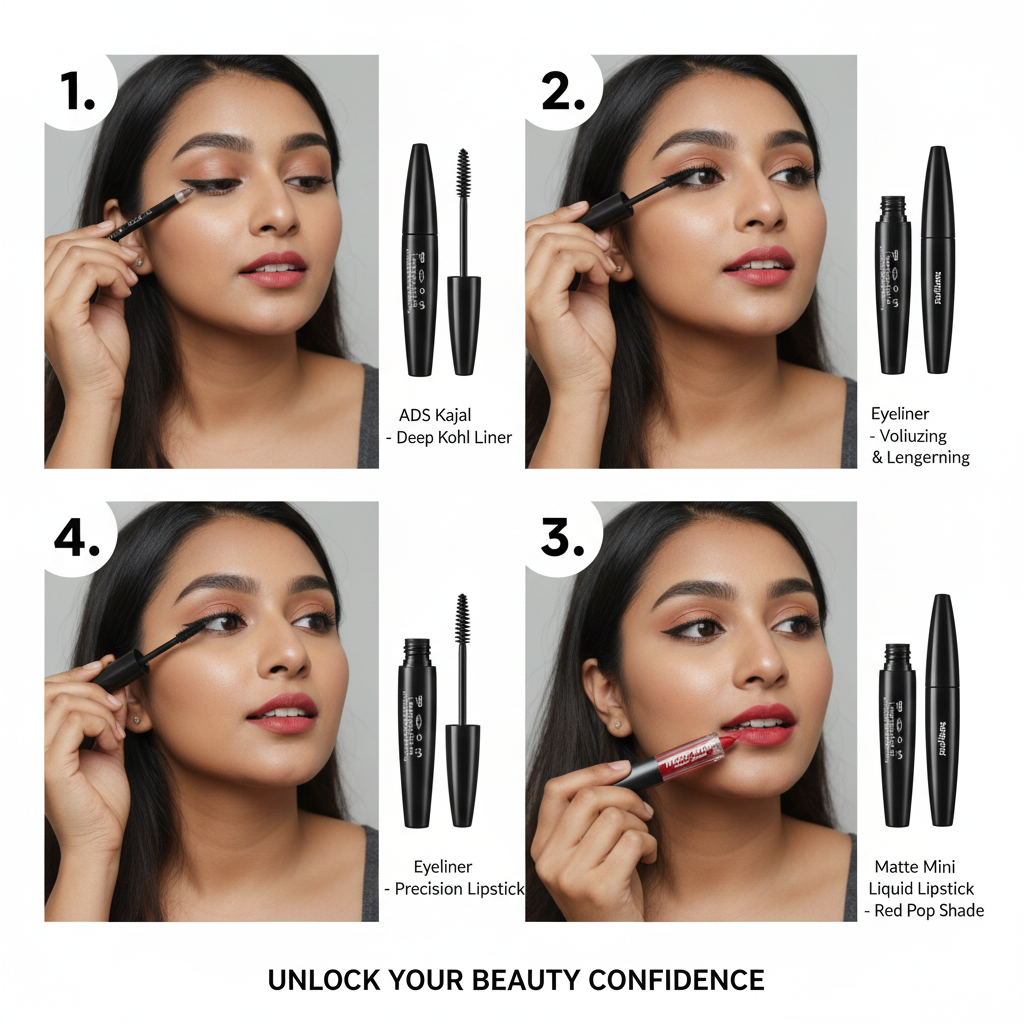 Step by step tutorial applying ADS kajal mascara eyeliner and Matta Mua lipstick