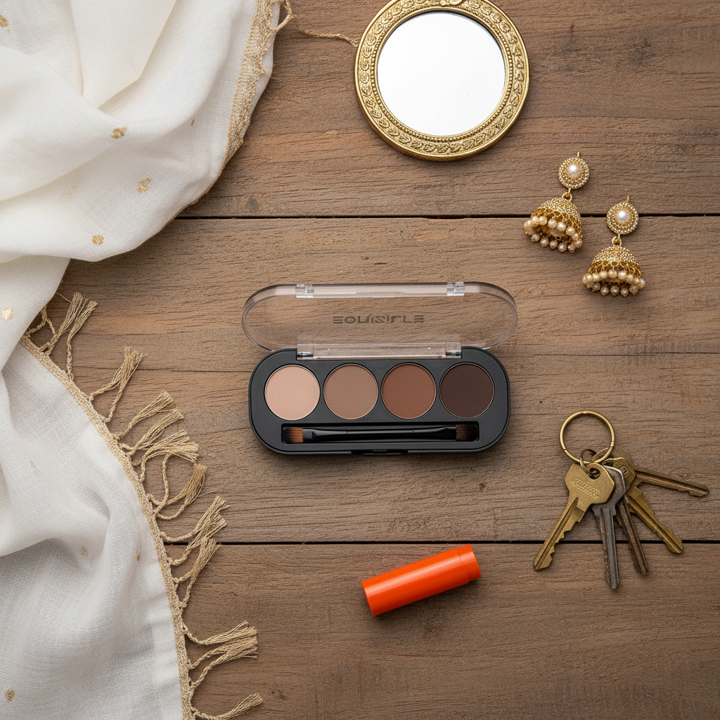 Brow Artistry Pro - Indian girl flatlay with everyday essentials