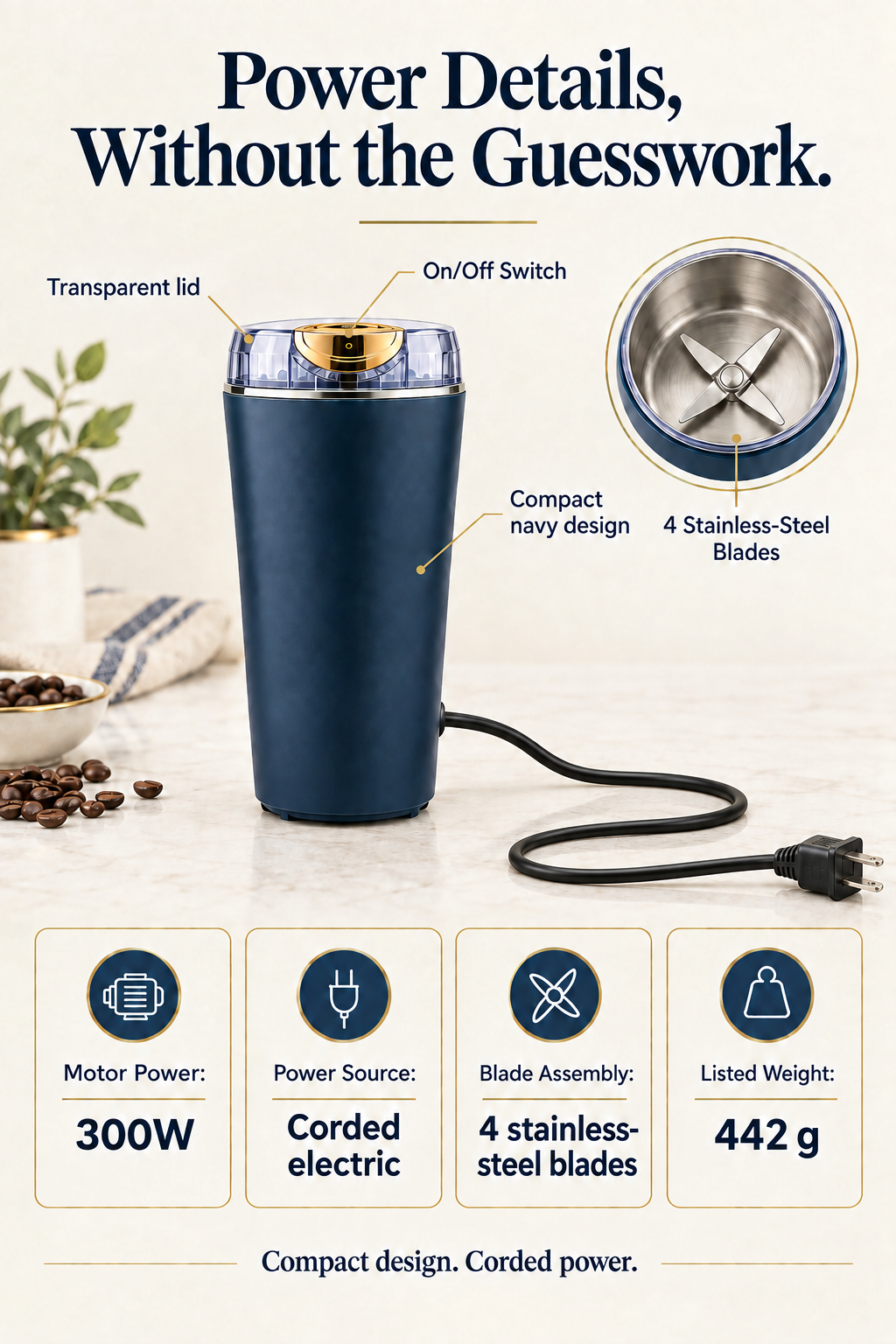 Mini mixer specifications: 300W motor, corded power and four stainless-steel blades
