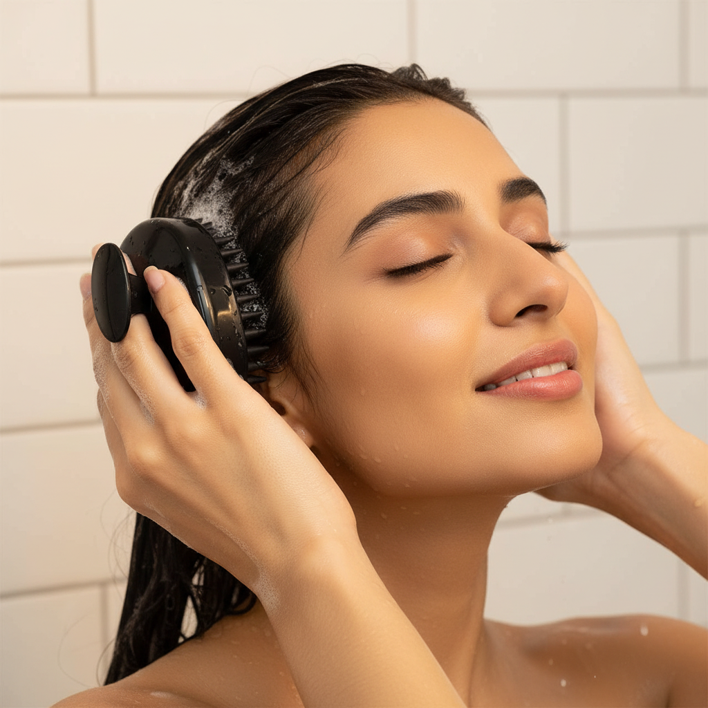 ScalpBliss™ in-use shower shot with Indian woman using scalp massager