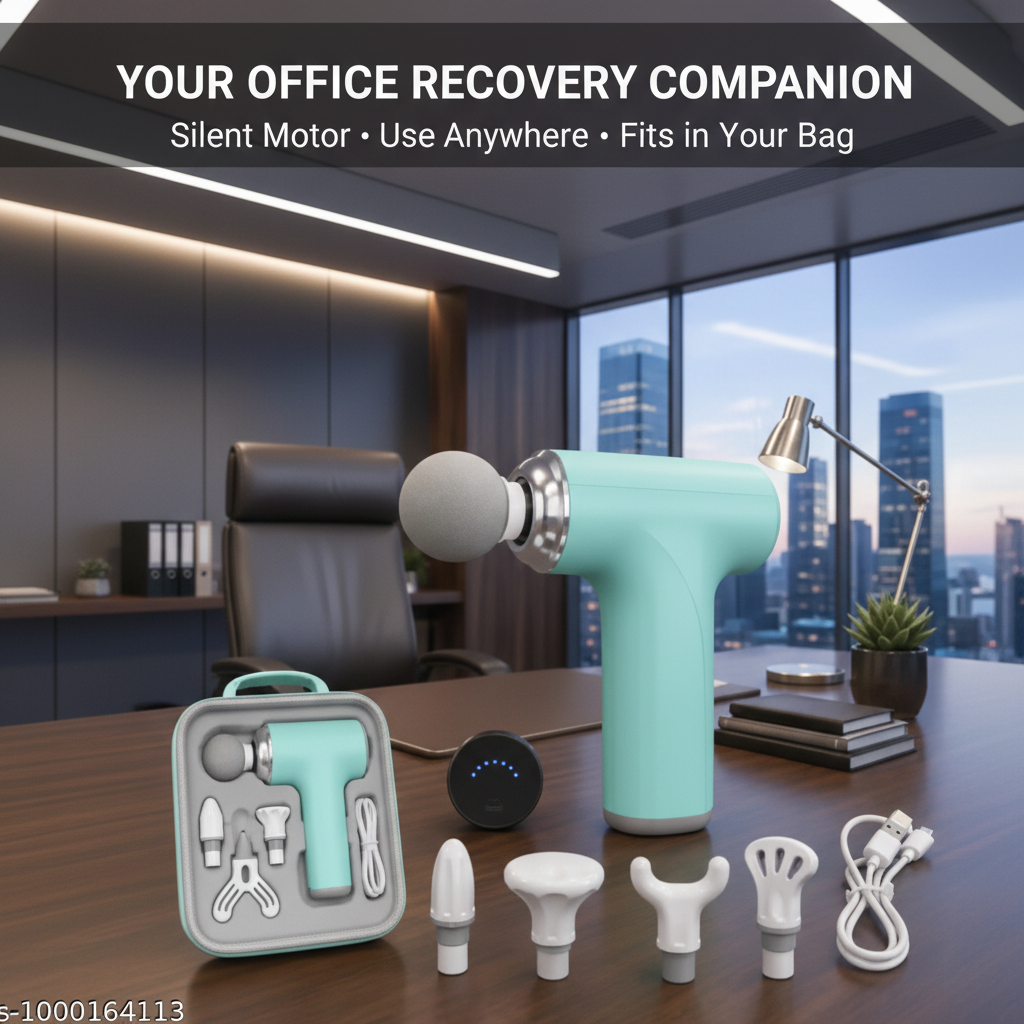 Percussion massage gun on office desk lifestyle shot