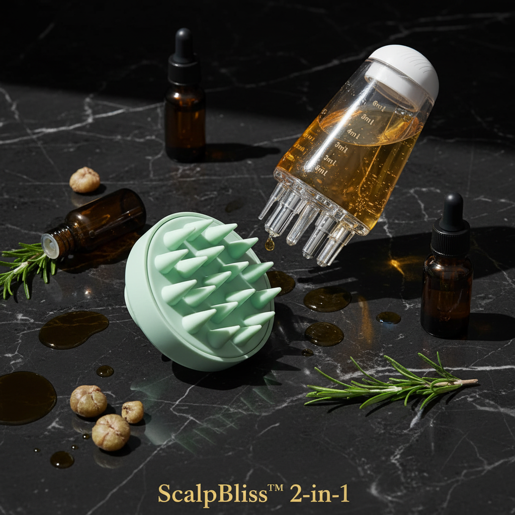 ScalpBliss™ hero flat lay - oil applicator and scalp massager on black marble with rosemary and amla
