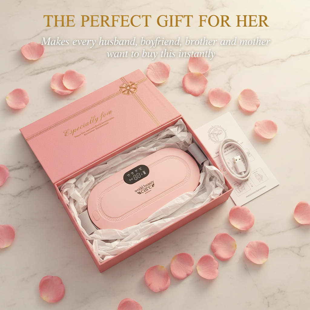 Period cramp massager premium gift packaging flat lay