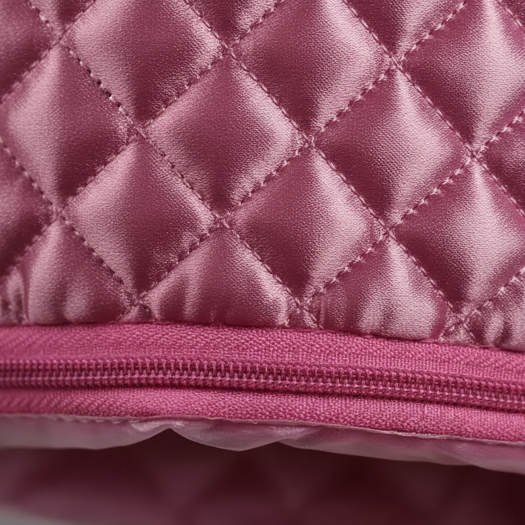SteamGlow™ extreme macro close-up of pink diamond quilted satin fabric