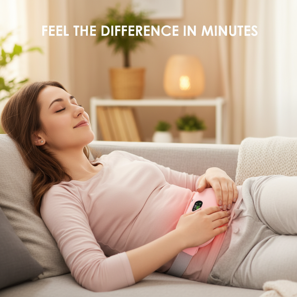 Indian woman using period cramp massager on sofa for menstrual pain relief