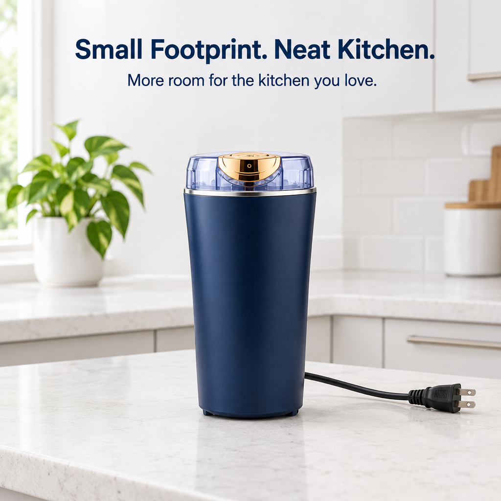 Navy compact mini mixer with transparent lid, golden control and visible power cord