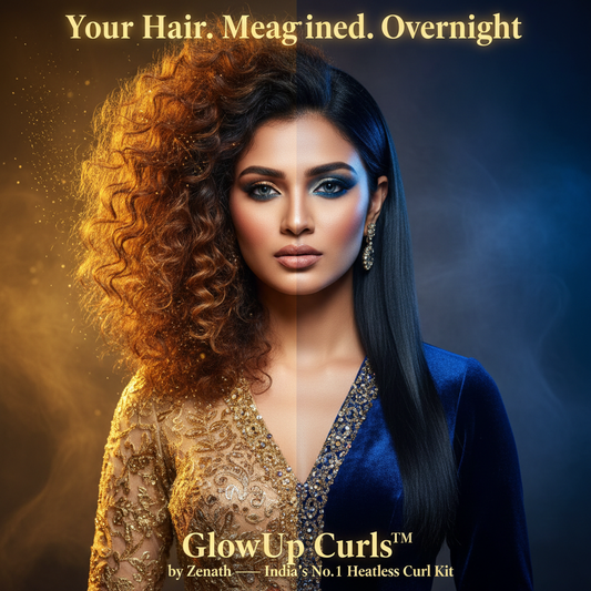 GlowUp Curls™ - The Transformation: split gold and midnight, half straight half curls, India's No.1 heatless curl kit