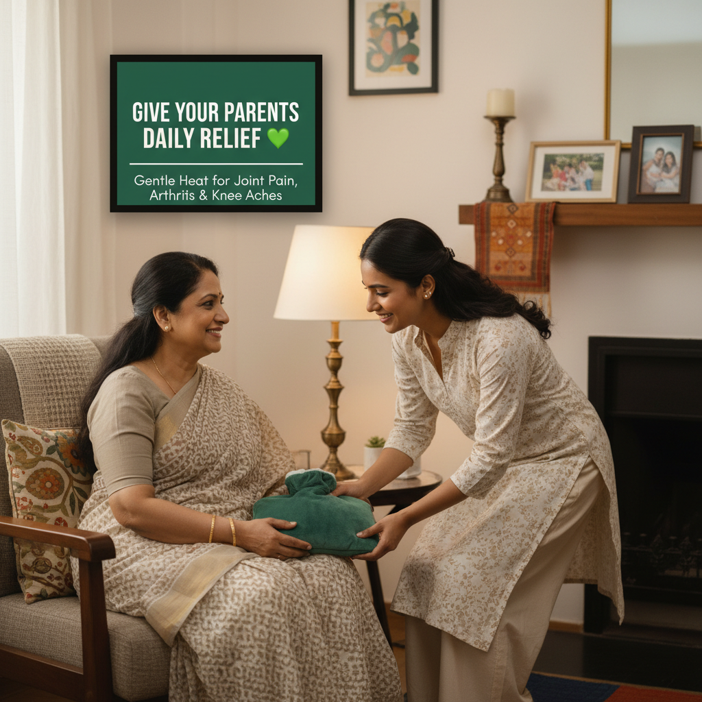 Mother and daughter family gifting green hot water bag for joint pain