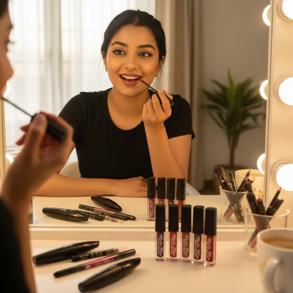 Indian woman morning routine with 9-piece lip and eye combo on dressing table