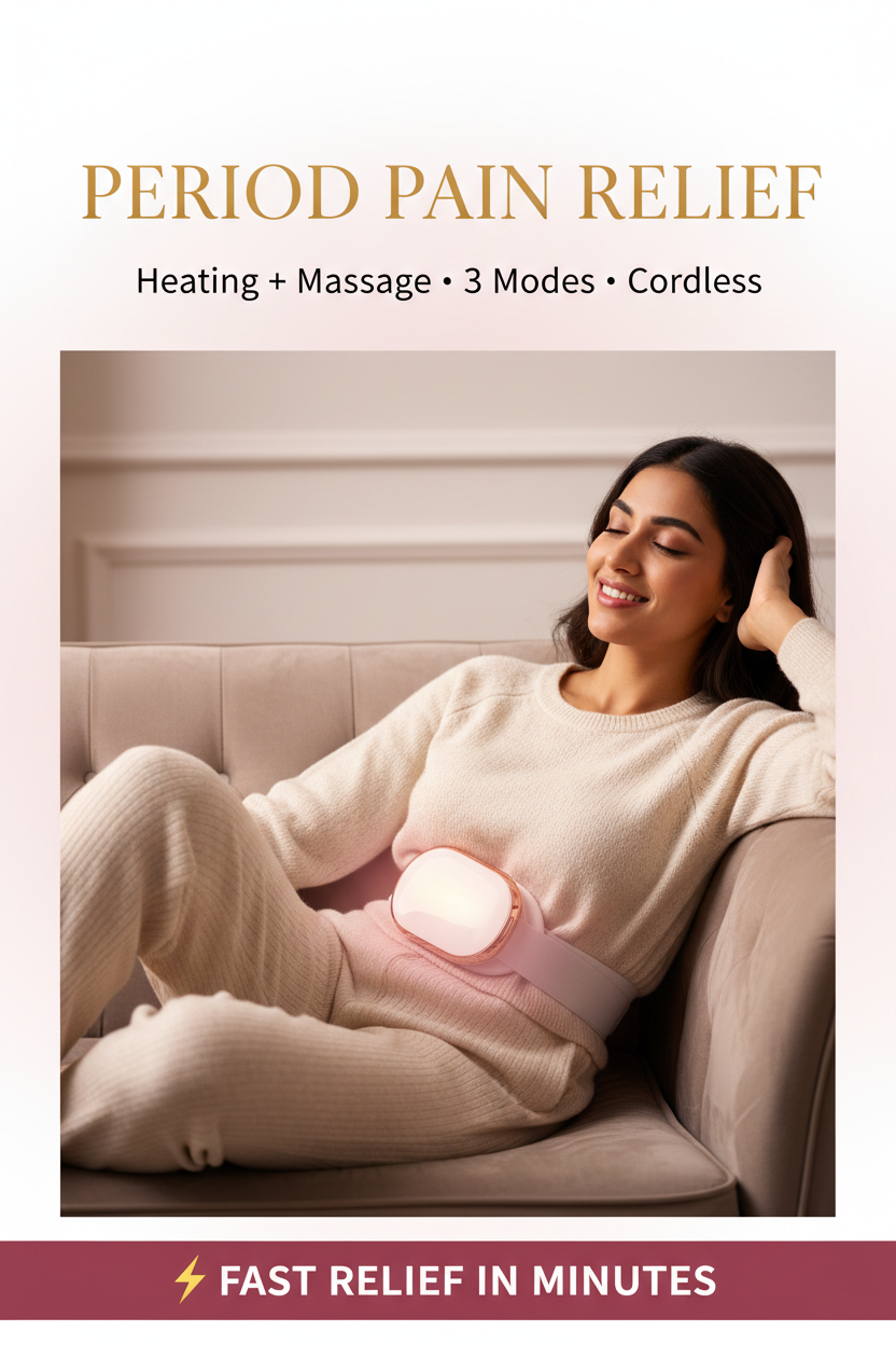 Period cramp relief massager hero - Indian woman wearing cordless heating pad with relief