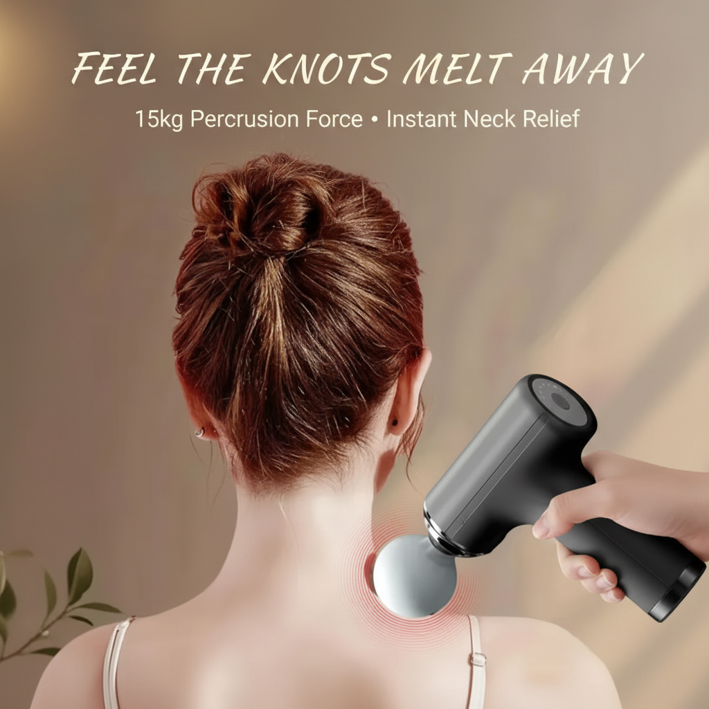 Woman using percussion massage gun on neck and shoulders pain relief