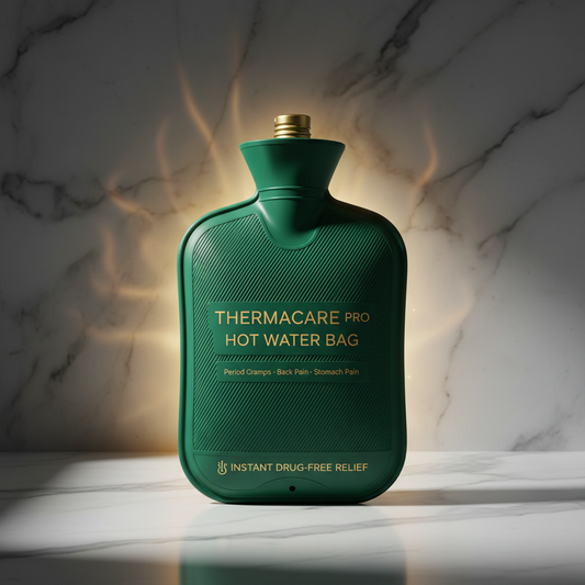 ThermaCare Pro green hot water bag hero shot on white marble