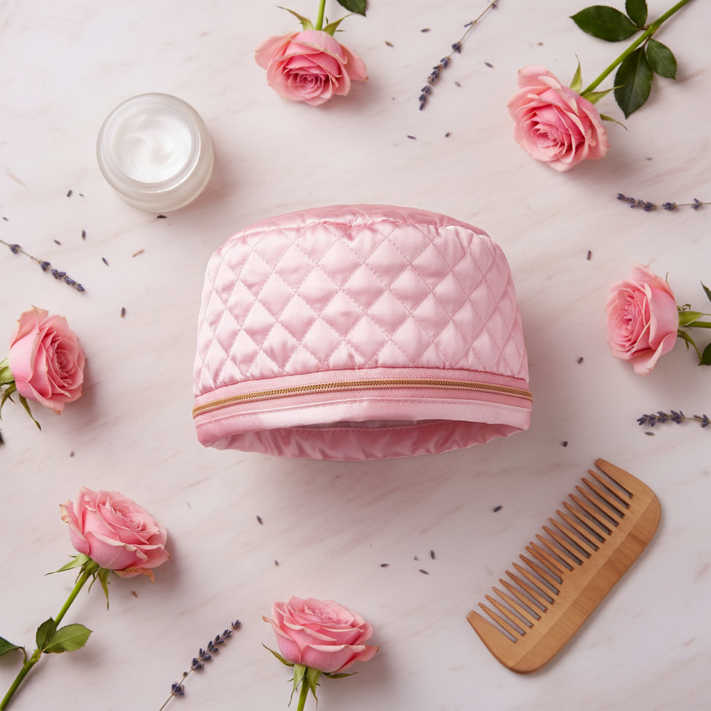 SteamGlow™ blush pink marble flat lay with roses and hair mask jar