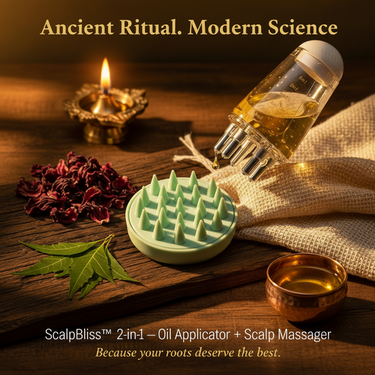 ScalpBliss™ - Ancient Ritual. Modern Science. Ayurvedic cover image with teak wood, brass diya and hibiscus petals